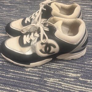 CHANEL Black and Cream Mesh Leather Logo Sneakers